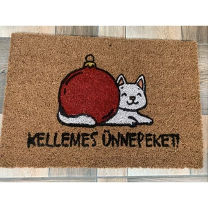 Lábtörlő kókuszrost anyagból , macska mintával "Kellemes ünnepeket! "felirattal!