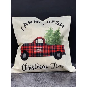 Párnahuzat karácsonyi hangulatú "Farm fresh Christmas trees" felirattal, autó fenyőkkel