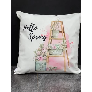 Párnahuzat tavaszi: "hello spring" felirattal ,létrával, 3 kaspóval és virágokkal