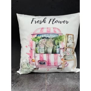 Párnahuzat tavaszi: Fresh flower" felirattal, teherautó és létra virágokkal