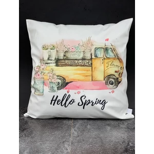 Párnahuzat tavaszi: "hello spring " felirattal ,sárga teherautó virágokkal