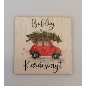 Fa, négyzet alakú tábla, "Boldog karácsonyt" felirattal, autóval és fenyővel díszítve