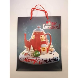 Dísztasak "Merry Christmas" feliratos piros teáskannás ház díszítéssel