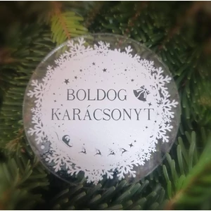 Plexi kör alakú tábla "Boldog karácsonyt" felirattal, fenyőág háttérrel