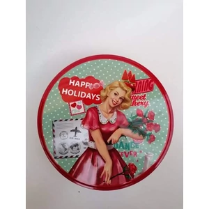 Zöld kekszes doboz "Happy Holidays" felirattal és old school  mintával (Közép)