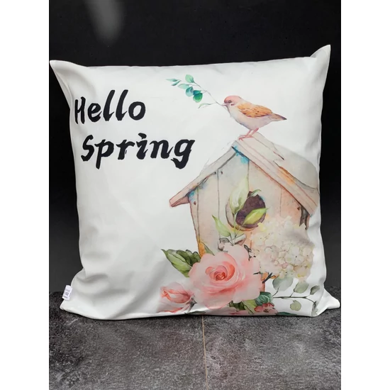 Párnahuzat tavaszi: "Hello spring" felirattal és  madárral