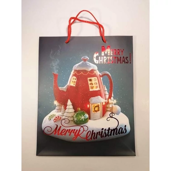 Dísztasak "Merry Christmas" feliratos piros teáskannás ház díszítéssel