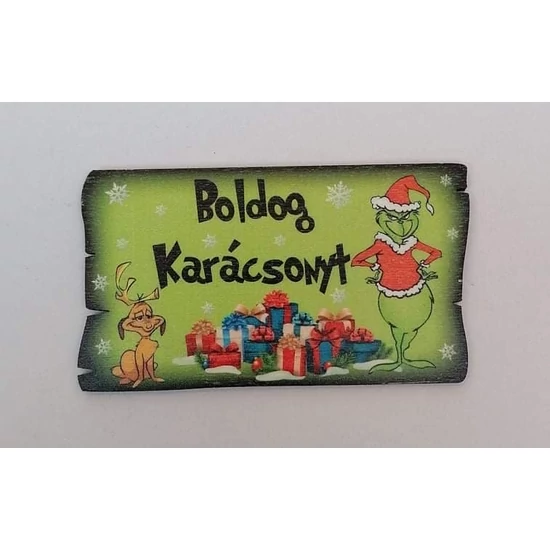 Fa, téglalap alakú tábla, "Boldog karácsonyt" felirattal, Grincs és ajándékdobozokkal