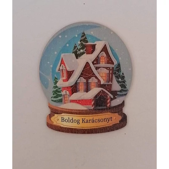 Fa hógömb alakú tábla "Boldog karácsonyt" felirattal és havas ház díszítéssel