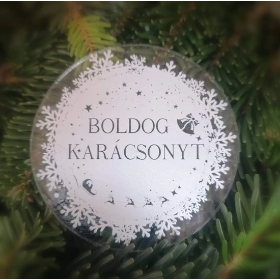 Plexi kör alakú tábla "Boldog karácsonyt" felirattal, fenyőág háttérrel