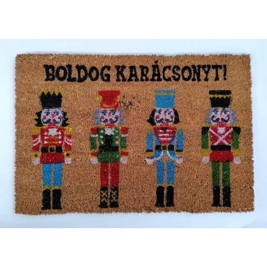 Lábtörlő Barna kókuszrost anyagból  "Boldog Karácsonyt" felirattal és diótörőkkel