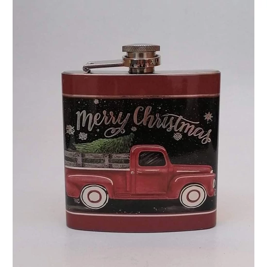 Flaska bordó színnel "Merry Christmas" felirattal, teherautó, fenyővel