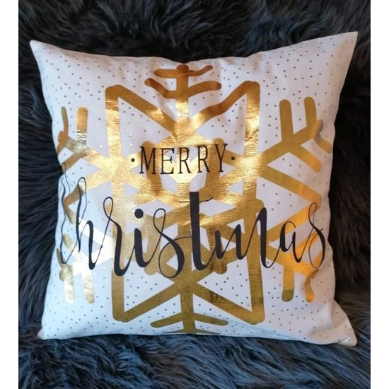 Fehér párnahuzat "Merry Christmas" felirattal és arany  hópihével