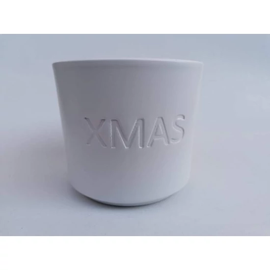 Fehér, matt kerámia hengerkaspó "XMAS" felirattal /kicsi/