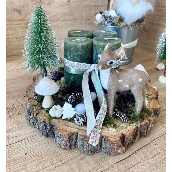 Adventi gyertyás asztaldísz, fatörzs alappal, kézműves termék