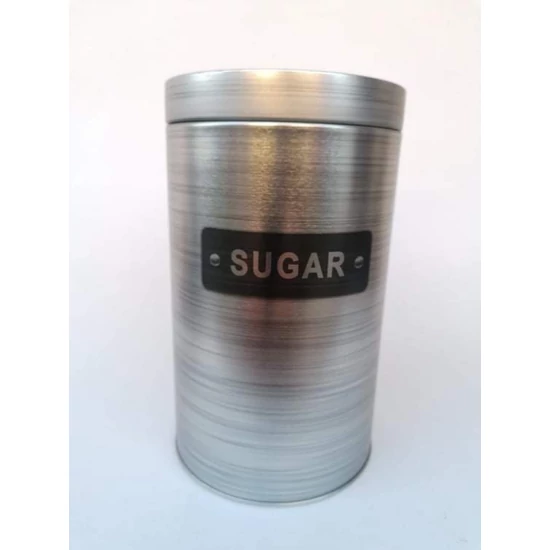 Ezüst színű "szálcsiszolt" kerek fém doboz "sugar" felirattal