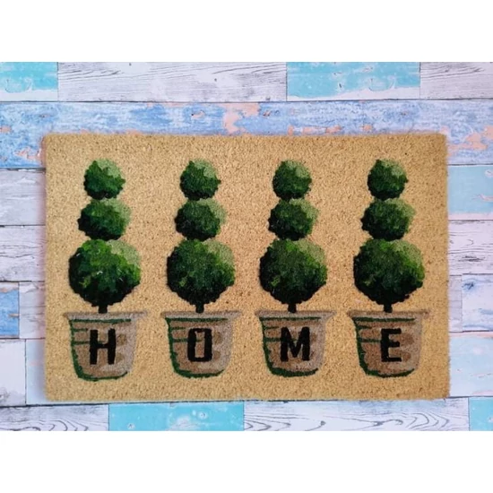 Lábtörlő négy kaspós növény mintával és "HOME" felirattal